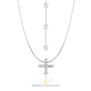 Collana con Croce in Oro Bianco e Diamanti con pendente rearneck 3 angeli - Roberto Giannotti. Bellipario Gioielleria PZ677
