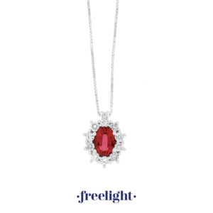 Collana in Oro Bianco 18 Kt. con Rubino Round e contorno di Diamanti - Freelight. Girocollo da donna con rubino e diamanti. CL2979FR2