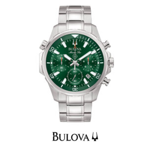 Orologio da polso per uomo Bulova, collezione Marine Star, movimento al quarzo, solotempo, colore Acciaio, quadrante verde. Bulova 96B396