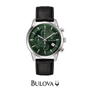 Orologio Bulova da uomo, Sutton, movimento al quarzo, cronografo con quadrante analogico verde, cinturino in pelle. Bellipario 96B413